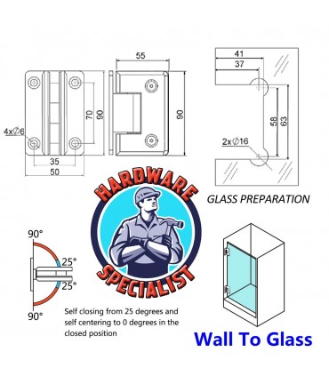 90 Degree Shower Glass Door Hinge (Wall To Glass)