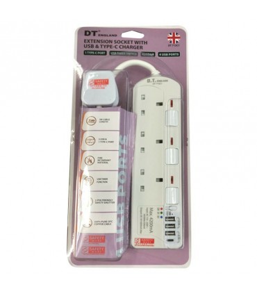 DT England Extension Socket with USB & Type-C Charger