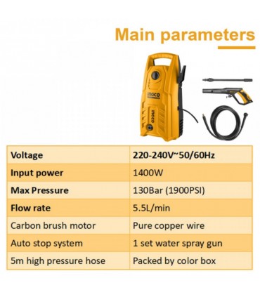 Ingco HPWR14008 1400W Corded 130 Bar High Pressure Washer