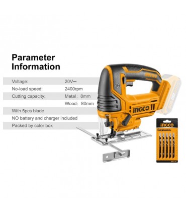 Ingco CJSLI8501 20V Lithium-Ion 20mm Cordless Jig Saw with 5 Blades