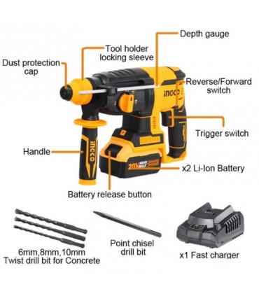 Ingco CRHLI202287 20V Lithium-Ion 4.0 Ah Cordless Rotary Hammer Drill Kit
