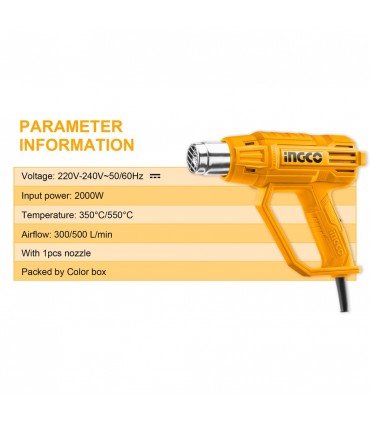 Ingco HG2000385 240V Dual Temperature Two Stages Corded Heat Gun