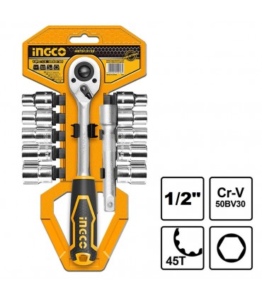 Ingco HKTS12122 12 Pieces 1/2" Square Drive 6 Pt Ratchet Socket Set