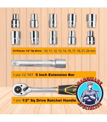 Ingco HKTS12122 12 Pieces 1/2" Square Drive 6 Pt Ratchet Socket Set