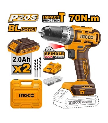 Ingco CIDLI20605 20V Lithium Ion Cordless Brushless Impact Drill Set