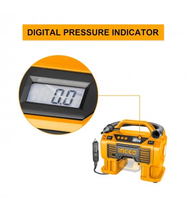 Ingco CACLI2002 20V Portable 160PSI Tyre Inflator Cordless Auto Air Compressor - Bare Unit