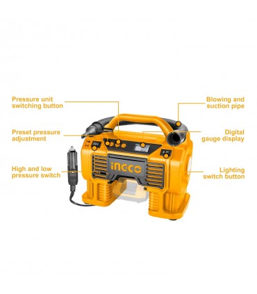 Ingco CACLI2002 20V Portable 160PSI Tyre Inflator Cordless Auto Air Compressor - Bare Unit