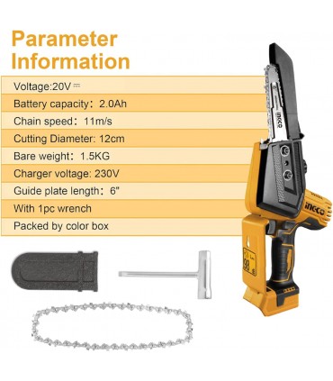 Ingco CGSLI2068 20V Lithium-Ion Brushless 6 Inch Cordless Mini Chain Saw - Bare Unit