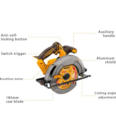 Ingco 20V Brushless 185mm Blade Diameter Cordless Circular Saw - Bare Unit