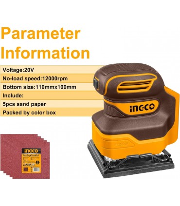 Ingco CSHSLI2014 20V Lithium-Ion Sheet Sander with 5pcs Sand Paper - Bare Unit