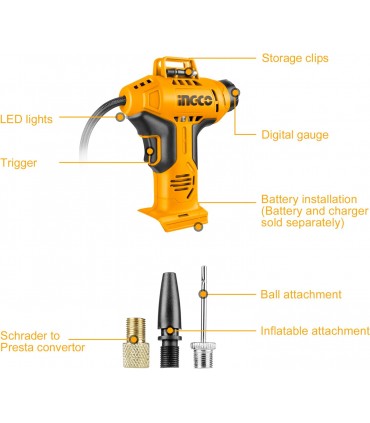Ingco 20V Lithium-Ion Cordless Auto Air Compressor - Bare Unit