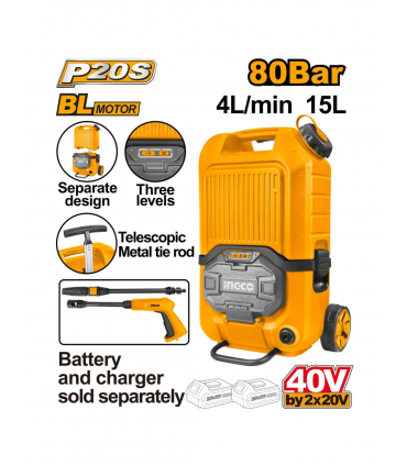 Ingco CPWLI4006 40V Lithium-Ion Cordless Pressure Washer with Brushless Motor - 15L