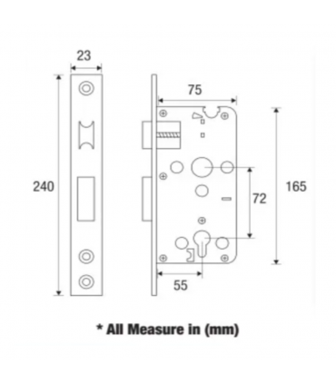 ecoWare 72 x 55 mm Stainless Steel Interior Mortise Lock