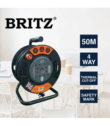 Britz 4X13A Heavy Duty Cable Reel With Surge Protection - 50m