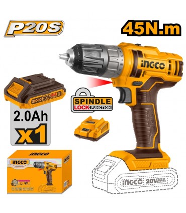 Ingco CDLI200518 20V Lithium-Ion 45Nm High Torque Cordless Drill Kit