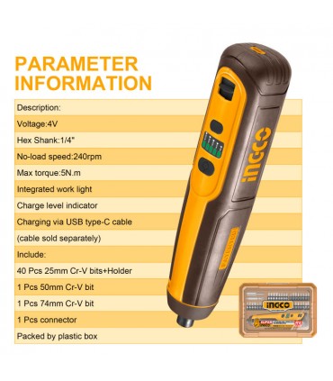 Ingco CSDLI04062 4V Lithium-Ion 5N.m Portable Rechargeable Cordless Screwdriver - 43 Pieces
