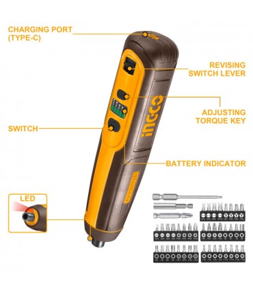 Ingco CSDLI04062 4V Lithium-Ion 5N.m Portable Rechargeable Cordless Screwdriver - 43 Pieces