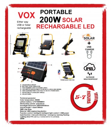 Vox FHT13 200W Portable USB and Solar Rechargeable LED Floodlight