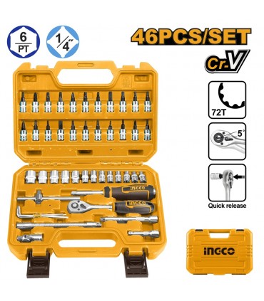 Ingco HKTS14462 1/4 inch Drive 46 Pieces Socket Set
