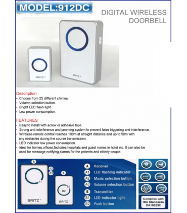 Britz HDB BTO CONDO Wireless Digital Doorbell Door Bell Set