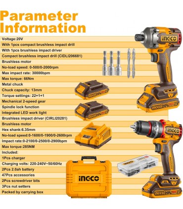 Ingco CKLI20277 20V Impact Driver 285Nm and Impact Drill 66Nm Cordless Combo Kit