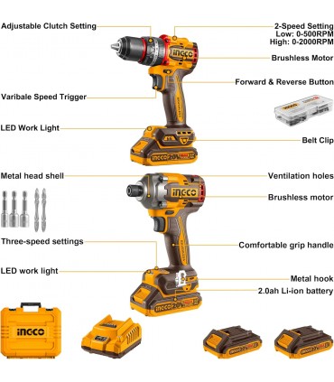 Ingco CKLI20277 20V Impact Driver 285Nm and Impact Drill 66Nm Cordless Combo Kit
