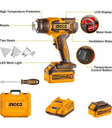 Ingco HGLI20035 20V Lithium-Ion 300℃/30-550°C Adjustable Temperature Cordless Heat Gun