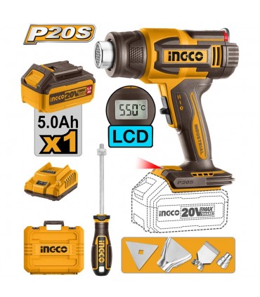 Ingco HGLI20035 20V Lithium-Ion 300℃/30-550°C Adjustable Temperature Cordless Heat Gun
