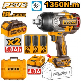 Ingco CIWLI20135 2 x 20V Lithium-Ion 5.0 Ah Brushless 3/4" Drive Cordless Impact Wrench Kit