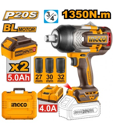 Ingco CIWLI20135 2 x 20V Lithium-Ion 5.0 Ah Brushless 3/4" Drive Cordless Impact Wrench Kit