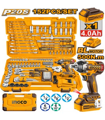 Ingco HKTHP31521 20V 152 Pieces Cordless Impact Wrench Tools Set