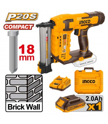 Ingco CSTLI3808 20V Lithium-Ion 2.0 Ah Cordless Brad Nailer Kit
