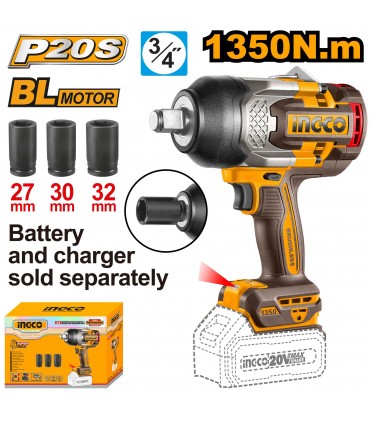 Ingco CIWLI201351 20V Brushless 3/4" Drive Cordless Impact Wrench  - Bare Unit