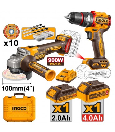 Ingco CKLI2027310 20V Lithium-Ion Impact Drill and Angle Grinder Cordless Combo Set