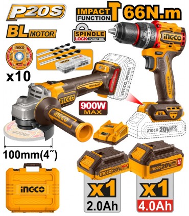 Ingco CKLI2027310 20V Lithium-Ion Impact Drill and Angle Grinder Cordless Combo Set