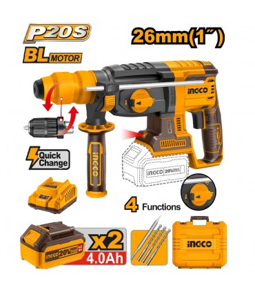 Ingco CRHLI202289 2 x 20V Lithium-Ion 4.0 Ah 2.5 J Cordless Rotary Hammer Drill Kit