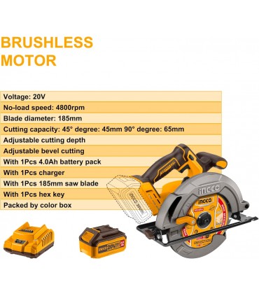 Ingco CSLI18511 20V Lithium-Ion 4.0 Ah 185mm Cordless Circular Saw Kit