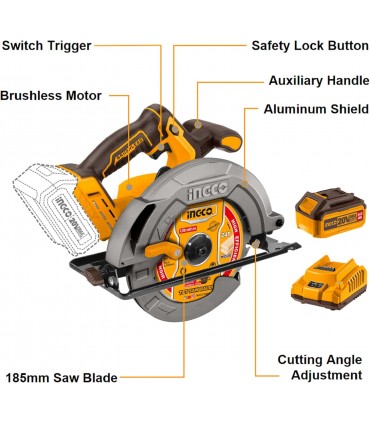 Ingco CSLI18511 20V Lithium-Ion 4.0 Ah 185mm Cordless Circular Saw Kit