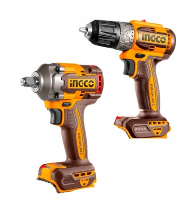 Ingco CKLI20271 2 x 20V Lithium-Ion 2.0 Ah Cordless Drill and Impact Wrench Combo Kit