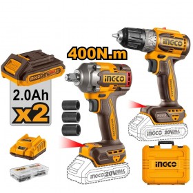 Ingco CKLI20271 2 x 20V Lithium-Ion 2.0 Ah Cordless Drill and Impact Wrench Combo Kit