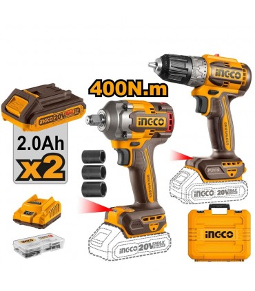 Ingco CKLI20271 2 x 20V Lithium-Ion 2.0 Ah Cordless Drill and Impact Wrench Combo Kit