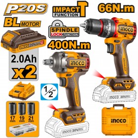 Ingco CKLI20275 20V Lithium-Ion 2.0Ah Cordless Impact Drill and Impact Wrench Combo Kit