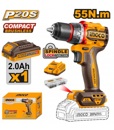 Ingco CDLI205582 20V Lithium-Ion 2.0 Ah Compact Brushless Cordless Drill