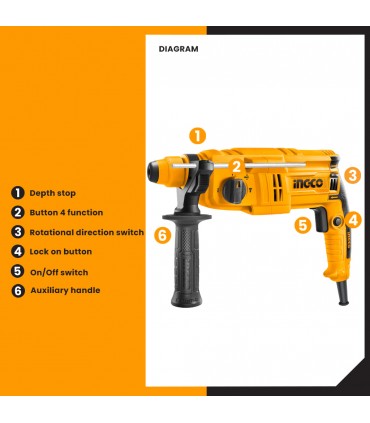 Ingco RGH6528 650W SDS Plus 1.7 J Corded Rotary Hammer