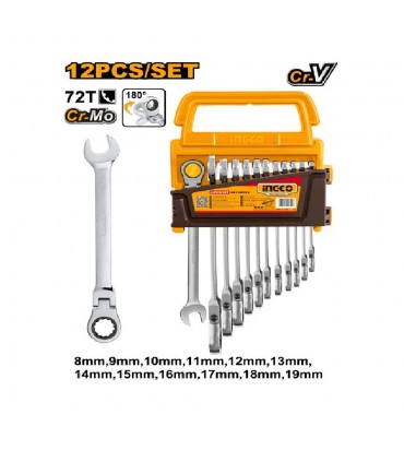 Ingco HKSPAR1123 12PCS 8 -19MM FLEXI RATCHET COMBI SPANNER SET