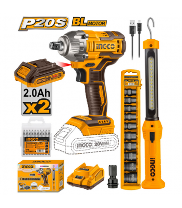 Ingco COSLI23011 20V 300Nm Brushless Cordless Impact Wrench + Worklight Combo Set