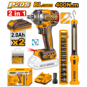 Ingco COSLI23048 20V 400Nm Brushless Cordless Impact Wrench + Work Light Combo Set