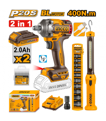 Ingco COSLI23048 20V 400Nm Brushless Cordless Impact Wrench + Work Light Combo Set