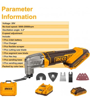 Ingco CMLI20228 20V Lithium-Ion 2.0 Ah Variable Speed Cordless Multi Tool