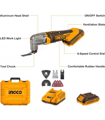 Ingco CMLI20228 20V Lithium-Ion 2.0 Ah Variable Speed Cordless Multi Tool
